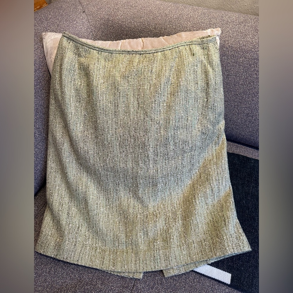 Lafayette $268 Wool Viscose Cotton Linen Skirt Green Woven Slub Skirt Sz 12 EUC
